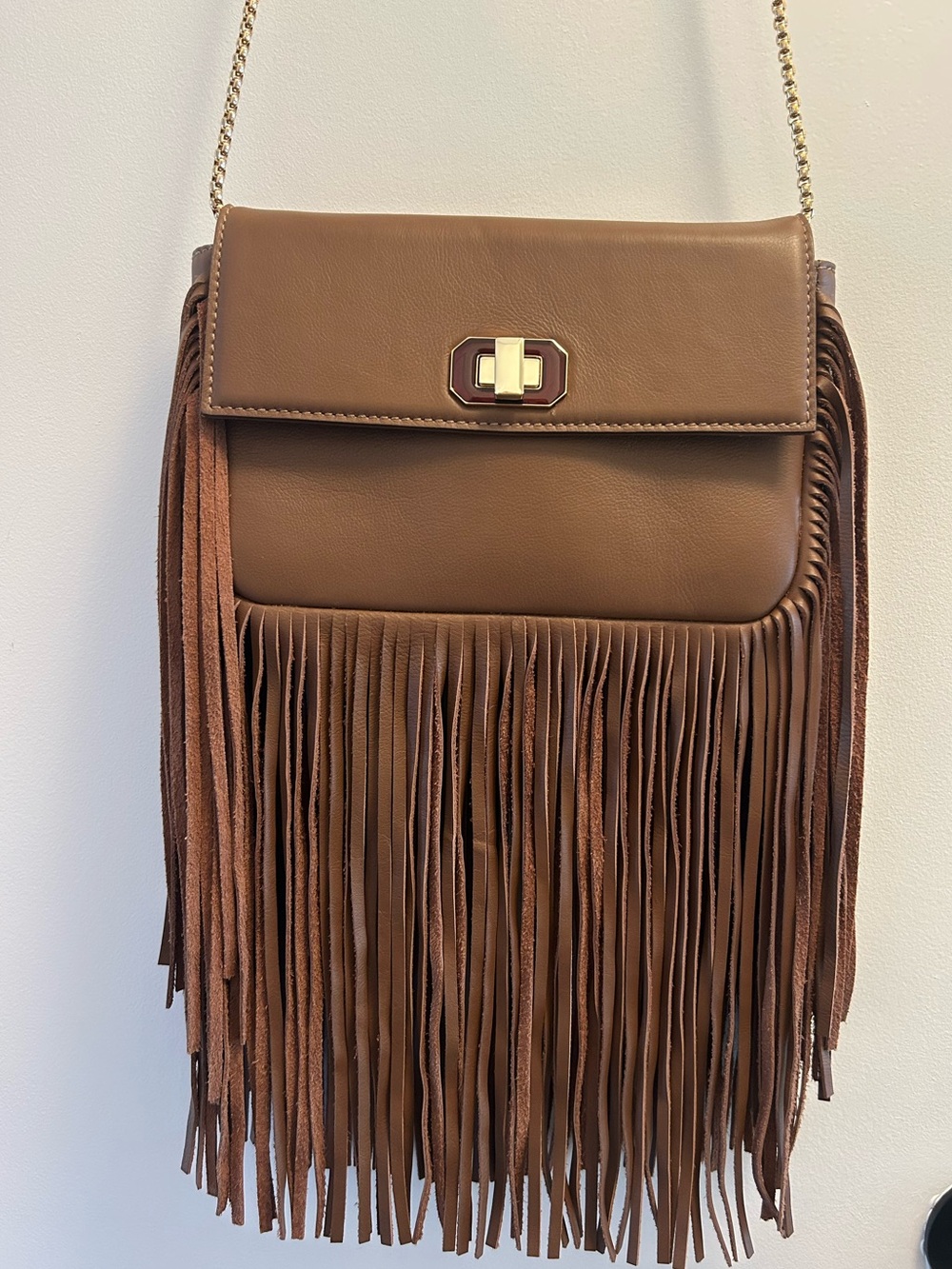 Brown Fringe Leather Crossbody with Gold-Tone Chain